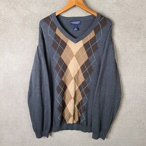 Roundtree & Yorke Sweater Mens 2XT Gray Argyle V Neck Cotton Casual Pullover